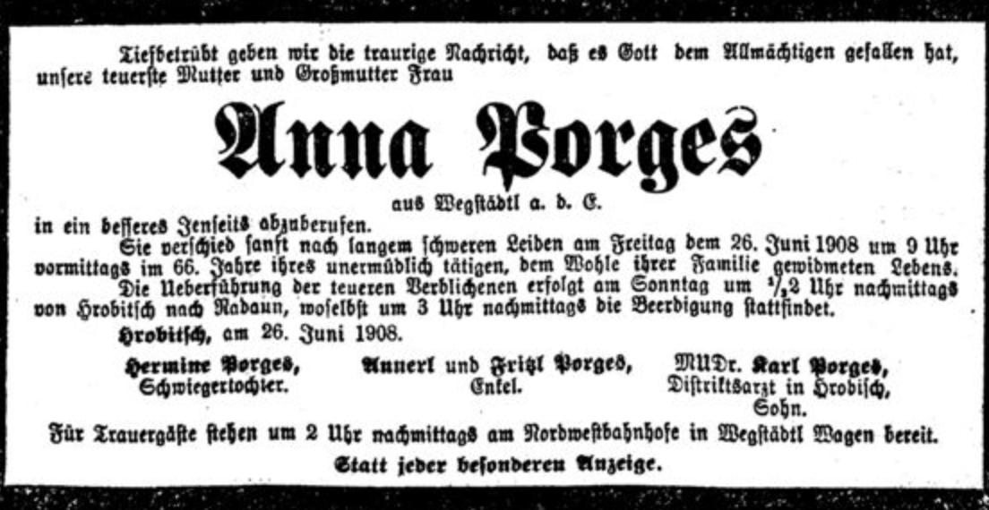 Anna Porges, aus Wegstädtl a. d. Elbe
